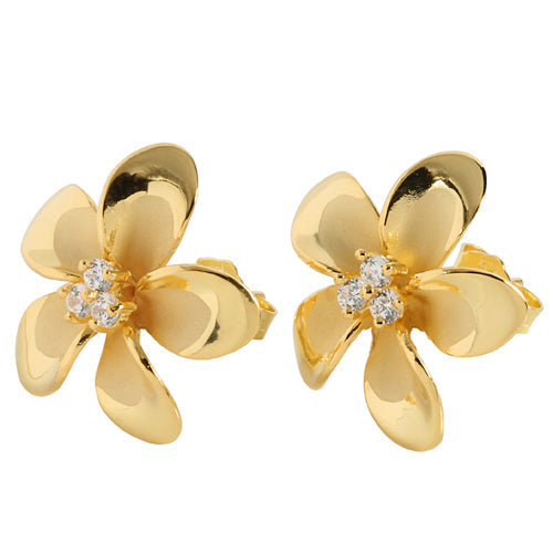 18mm Plumeria Yellow Gold Plated Three CZ Stud Earring