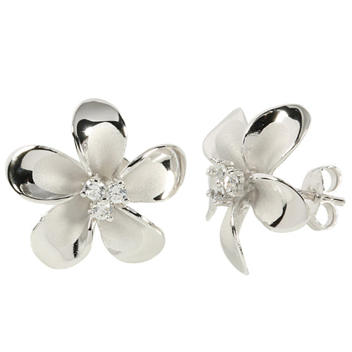 18mm Plumeria Sterling Silver Rhodium Three CZ Stud Earring