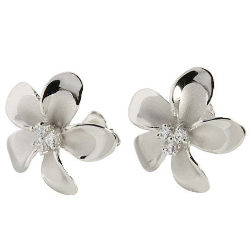 18mm Plumeria Sterling Silver Rhodium Three CZ Stud Earring