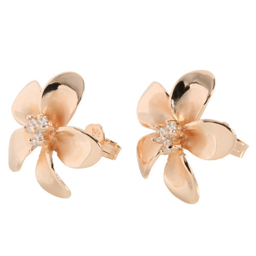 18mm Plumeria Pink Gold Plated Sterling Silver Three CZ Stud Earring