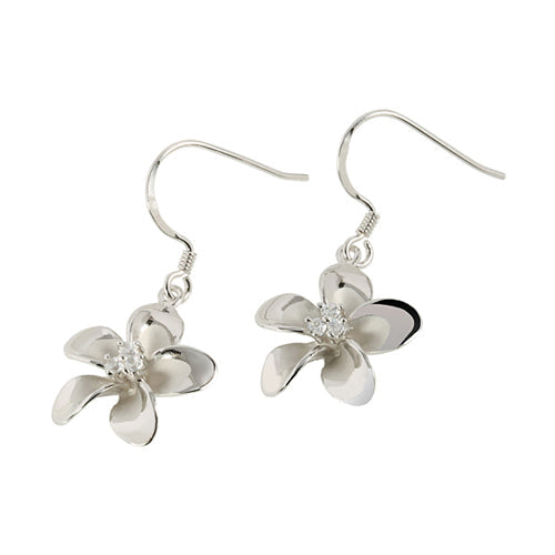 10MM Prong Setting CZ Sterling Silver Plumeria Hook Earring rhodium plated