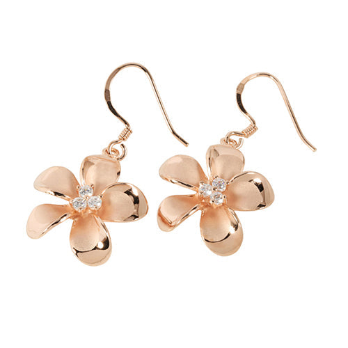 Sterling Silver 18MM Prong Setting CZ Plumeria Hook Earring Pink Gold Plated