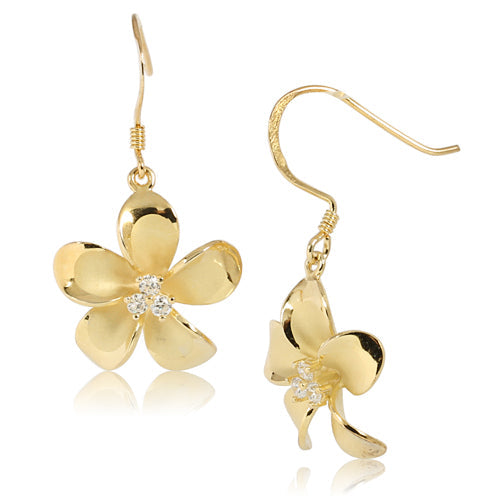 Sterling Silver 20mm Plumeria Yellow Gold Plated Three CZ Stud Earring