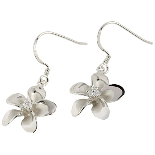 20mm Sterling Silver Plumeria Rhodium Three CZ Stud Earring