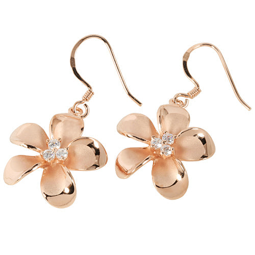 20mm Sterling Silver Plumeria Pink Gold Three CZ Stud Earring