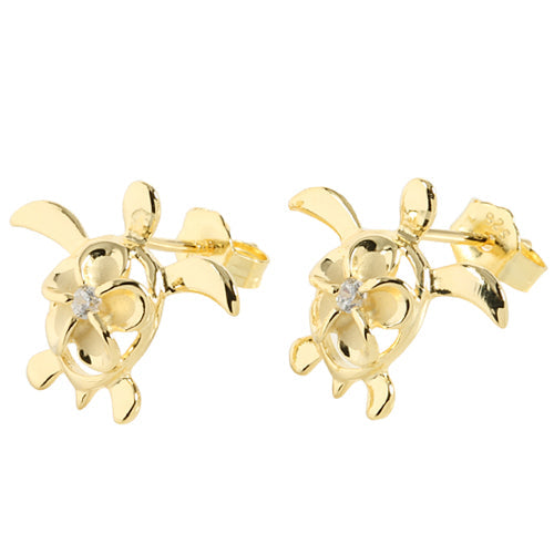 Yellow Gold Plated Sterling Silver 8mm Plumeriain Honu Stud Earring