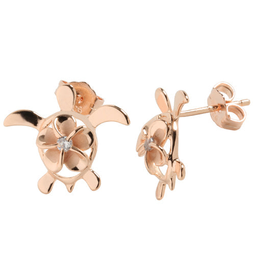 Sterling Silver Pink Gold 8mm Plumeria in Honu Stud Earring