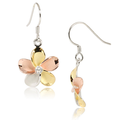 Sterling Silver 15mm Plumeria Tri-Color Hook Earring w/CZ