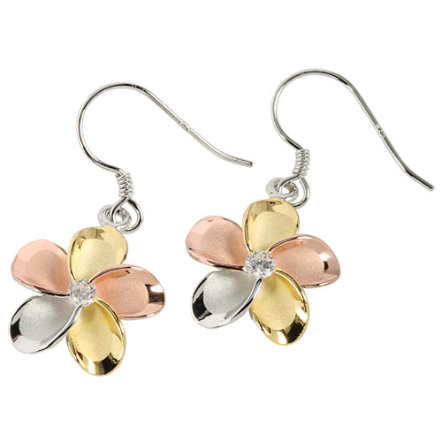 Sterling Silver 15mm Plumeria Tri-Color Hook Earring w/CZ