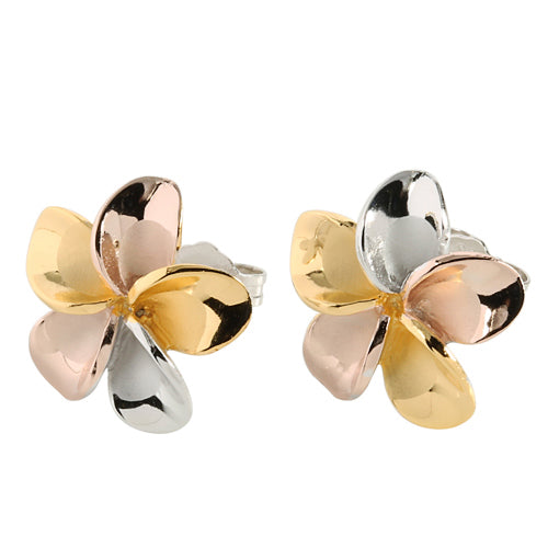 Sterling Silver 15mm Plumeria Tri-Color Stud Earring