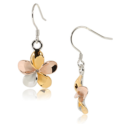 Sterling Silver 15mm Plumeria Tri-Color Hook Earring no CZ