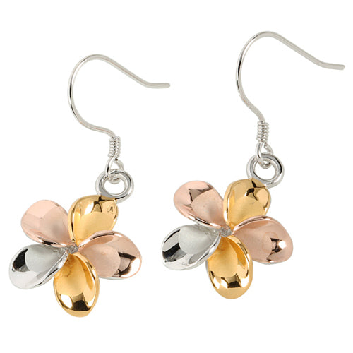 Sterling Silver 15mm Plumeria Tri-Color Hook Earring no CZ
