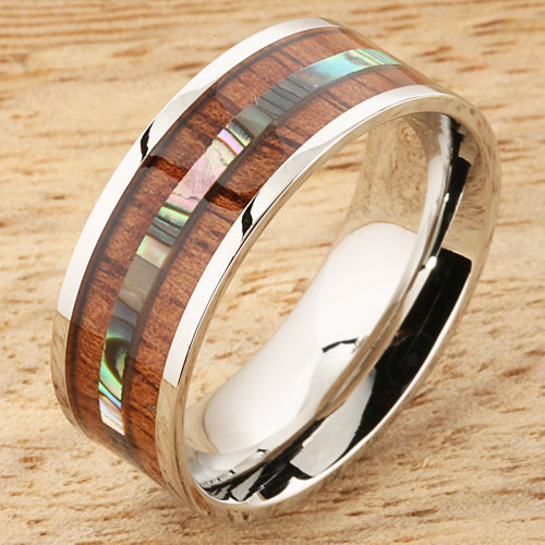 8mm Natural Hawaiian Koa Wood and Abalone Inlaid Stainless Steel Flat Wedding Ring