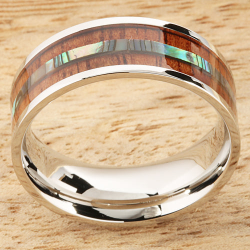 8mm Natural Hawaiian Koa Wood and Abalone Inlaid Stainless Steel Flat Wedding Ring