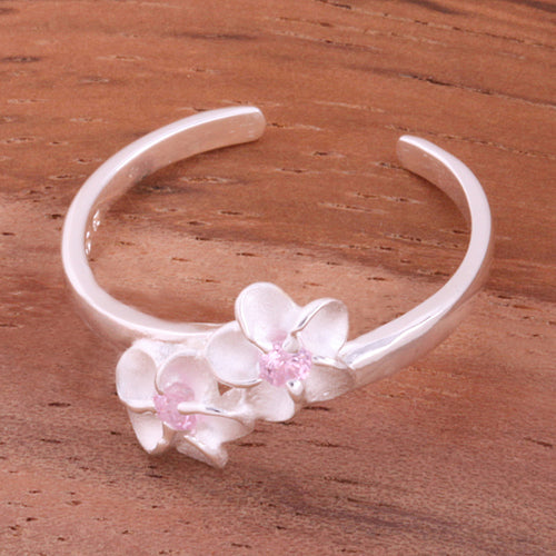 Two 4mm Plumeria with Clear CZ Toe Ring