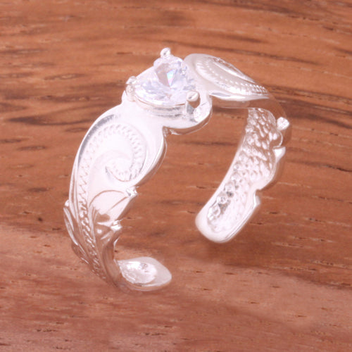Hawaiian Scroll with Clear Heart CZ Cut Out Edge Toe Ring