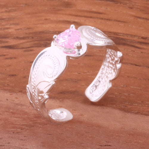 Hawaiian Scroll with Clear Heart CZ Cut Out Edge Toe Ring