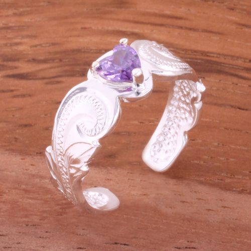 Hawaiian Scroll with Clear Heart CZ Cut Out Edge Toe Ring