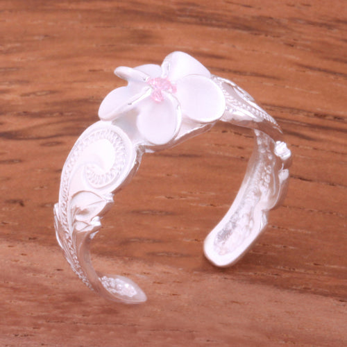 Hawaiian Scroll 8mm Plumeria with Clear CZ Cut Out Edge Toe Ring