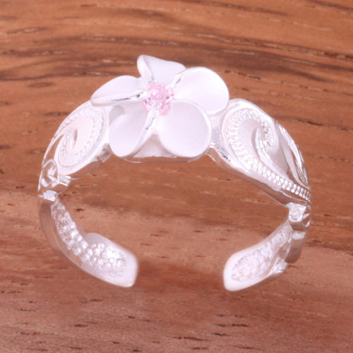 Hawaiian Scroll 8mm Plumeria with Clear CZ Cut Out Edge Toe Ring
