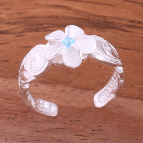Hawaiian Scroll 8mm Plumeria with Clear CZ Cut Out Edge Toe Ring