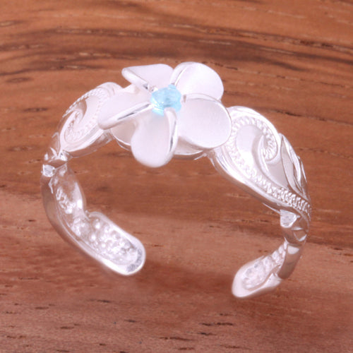 Hawaiian Scroll 8mm Plumeria with Clear CZ Cut Out Edge Toe Ring