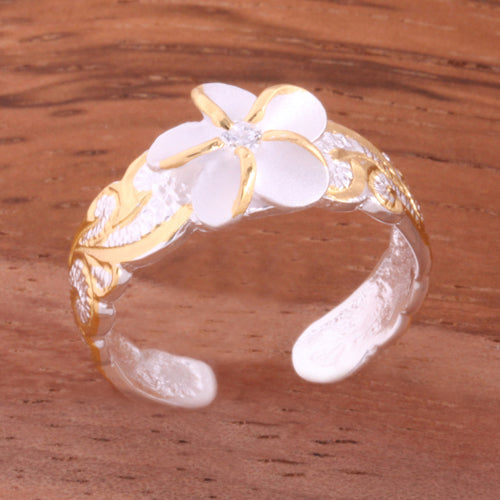 Hawaiian Scroll 8mm Plumeria with Clear CZ Cut Out Edge Toe Ring