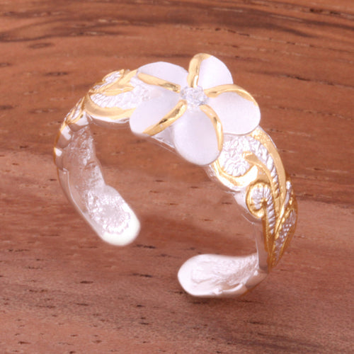 Hawaiian Scroll 8mm Plumeria with Clear CZ Cut Out Edge Toe Ring