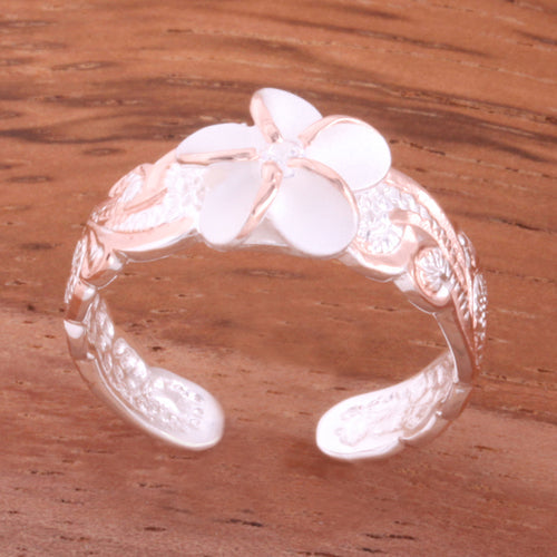 Hawaiian Scroll 8mm Plumeria with Clear CZ Cut Out Edge Toe Ring