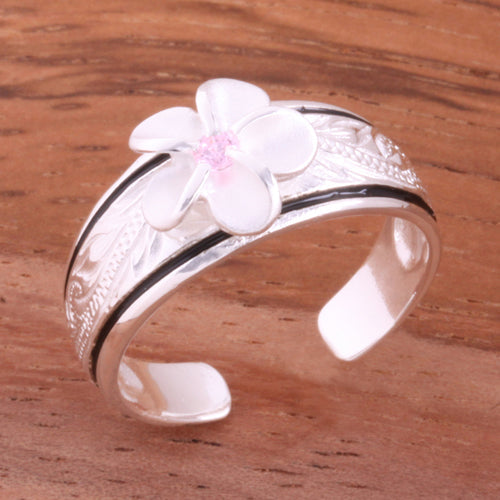 Hawaiian Scroll Black Border 8mm Plumeria with Clear CZ Smooth Edge Toe Ring