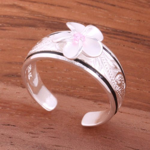 Hawaiian Scroll Black Border 8mm Plumeria with Clear CZ Smooth Edge Toe Ring