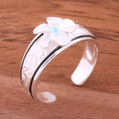Hawaiian Scroll Black Border 8mm Plumeria with Clear CZ Smooth Edge Toe Ring