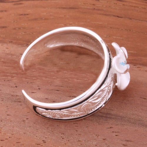 Hawaiian Scroll Black Border 8mm Plumeria with Clear CZ Smooth Edge Toe Ring