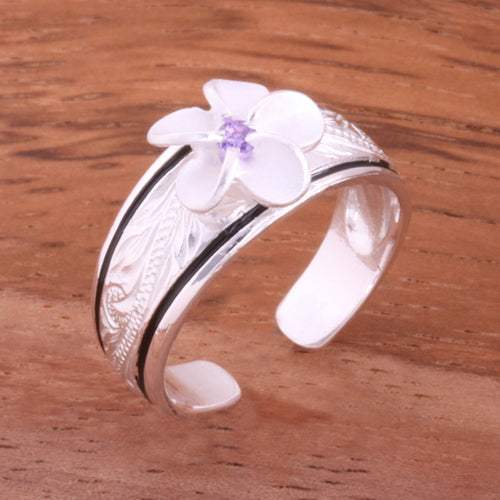 Hawaiian Scroll Black Border 8mm Plumeria with Clear CZ Smooth Edge Toe Ring