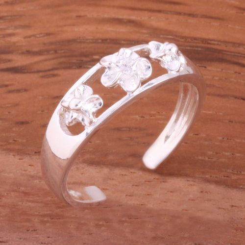 Three Plumeria with Clear CZ See Through Toe Ring