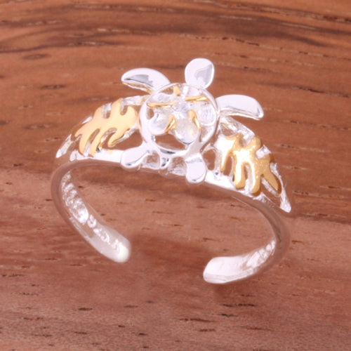 Honu and Plumeria with Clear CZ Toe Ring