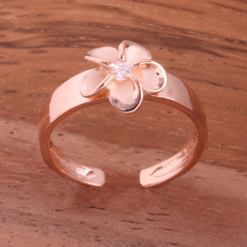 Pink Gold Plated 8mm Plumeria with Clear CZ Toe Ring