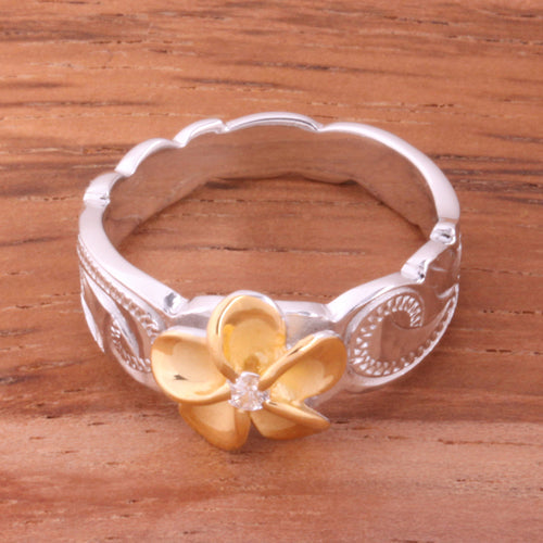 Hawaiian Scroll Two Tone Yellow Gold Plated 8mm Plumeria with Clear CZ Cut Out Edge Toe Ring