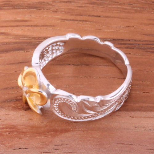 Hawaiian Scroll Two Tone Yellow Gold Plated 8mm Plumeria with Clear CZ Cut Out Edge Toe Ring