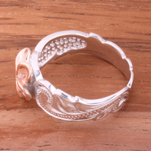 Hawaiian Scroll Two Tone Pink Gold Plated 8mm Plumeria with Clear CZ Cut Out Toe Edge Ring