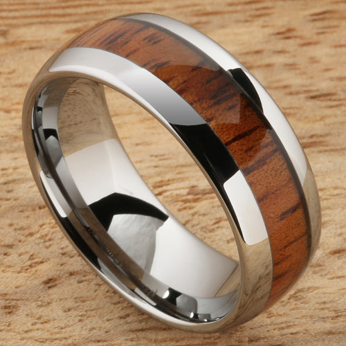 8mm Natural Hawaiian Koa Wood Inlaid Tungsten Oval Wedding Ring