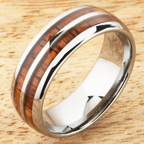 8mm Natural Hawaiian Koa Wood Inlaid Tungsten Double Row Wedding Ring