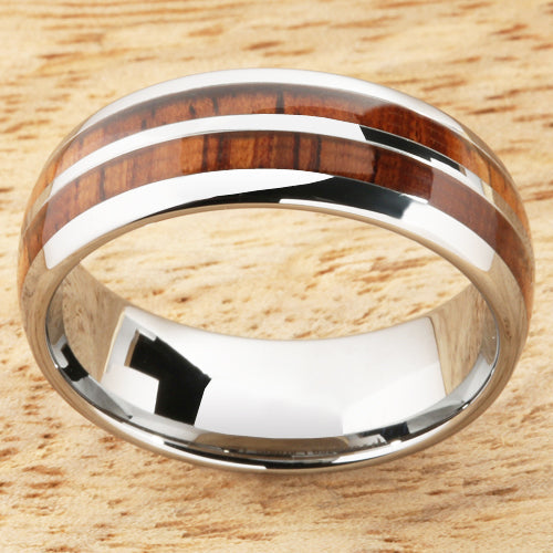 8mm Natural Hawaiian Koa Wood Inlaid Tungsten Double Row Wedding Ring