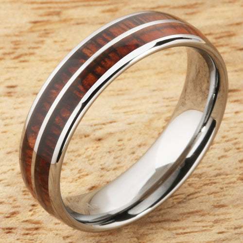 6mm Natural Hawaiian Koa Wood Inlaid Tungsten Double Row Wedding Ring