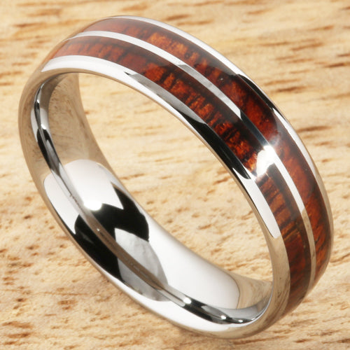 6mm Natural Hawaiian Koa Wood Inlaid Tungsten Double Row Wedding Ring