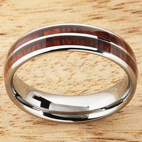 6mm Natural Hawaiian Koa Wood Inlaid Tungsten Double Row Wedding Ring