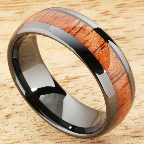 8mm Natural Hawaiian Koa Wood Inlaid High Tech Black Ceramic Oval Wedding Ring