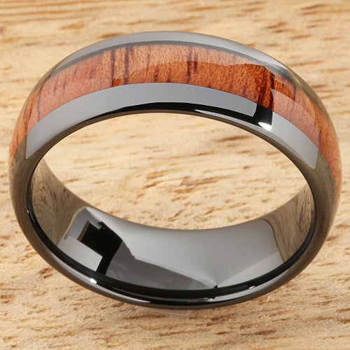 8mm Natural Hawaiian Koa Wood Inlaid High Tech Black Ceramic Oval Wedding Ring