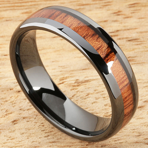 6mm Natural Hawaiian Koa Wood Inlaid High Tech Black Ceramic Oval Wedding Ring