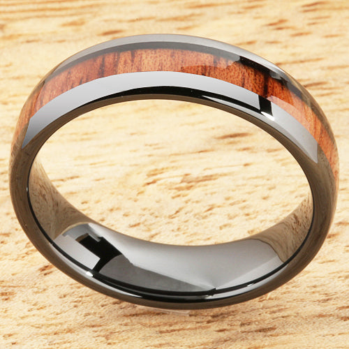 6mm Natural Hawaiian Koa Wood Inlaid High Tech Black Ceramic Oval Wedding Ring